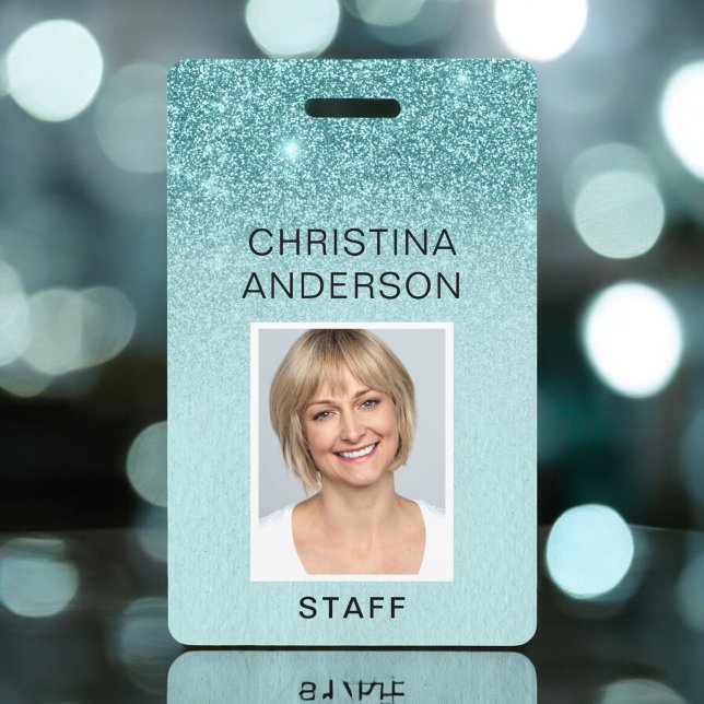 Teal Blue Glitter Employee Name Photo Corporate Badge (Creator Uploaded)