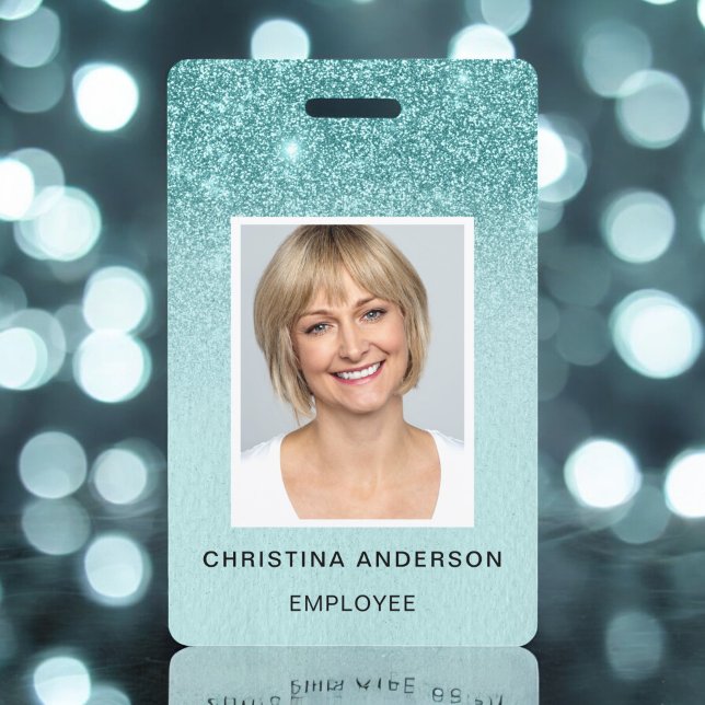 Teal Blue Glitter Employee Name Photo Corporate Badge (Creator Uploaded)