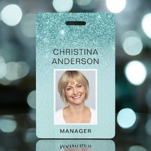Teal Blue Glitter Employee Name Photo Corporate Badge