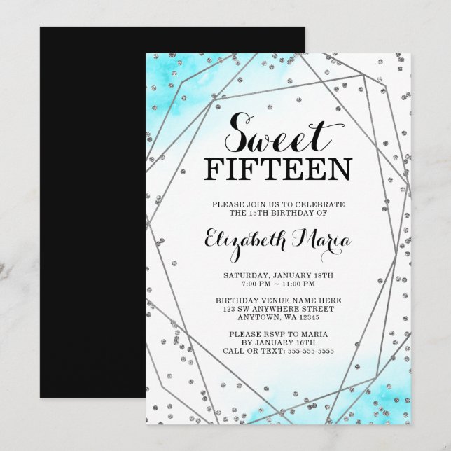 Teal Blue Glitter Geometric Sweet 15 Quinceañera Invitation (Front/Back)