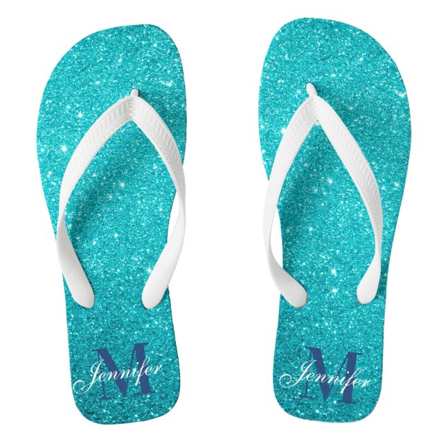  Teal Blue Glitter Glam Monogrammed Flip Flops (Footbed)