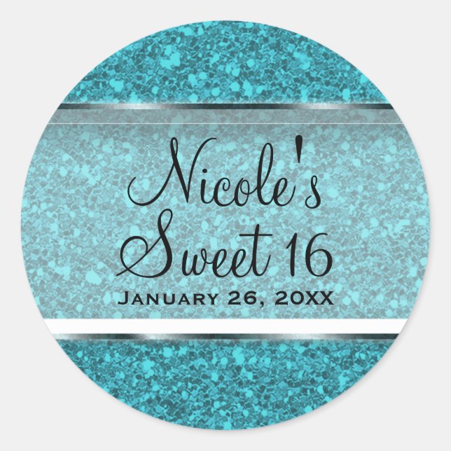 Teal Blue Glitter Glam Sweet 16 Custom Party Favou Classic Round Sticker (Front)