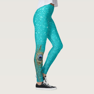 Teal Blue Glitter Glam with Peacock Feather Leggings