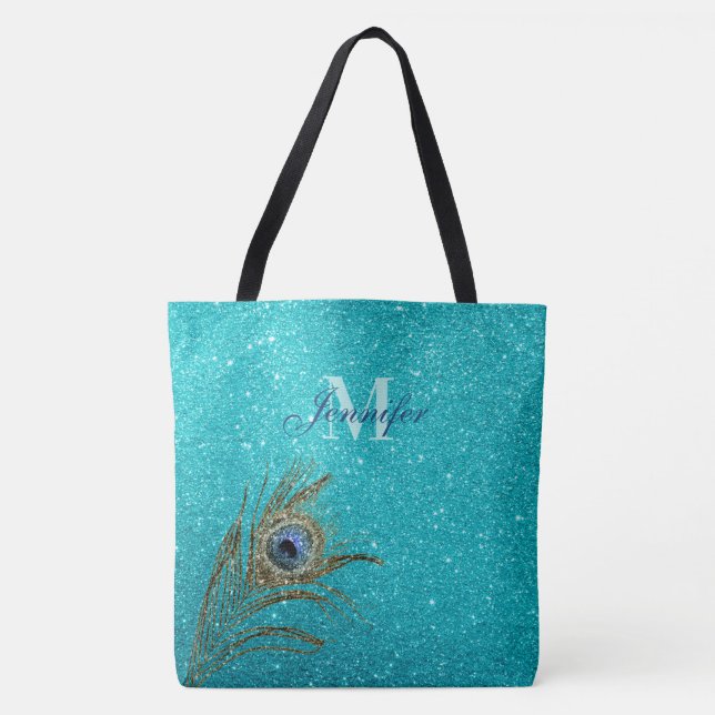  Teal Blue Glitter Glam with Peacock Feather Tote  (Front)