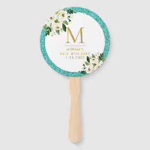 Teal Blue Glitter Grey Floral Monogram Hand Fan