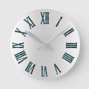 Teal Blue Glitter Grey Silver Ombre Minimal Black Round Clock