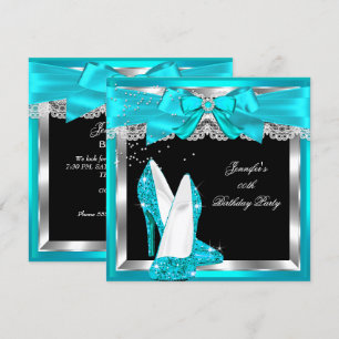 Teal Blue Glitter High Heel Silver Birthday Party Invitation