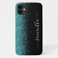 Teal Blue Glitter Ombre Handwritten Custom Name