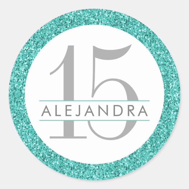 Teal Blue Glitter Quince Años Favour Sticker Label (Front)