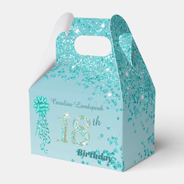 Teal Blue Glitter & Ribbon 18th Birthday Favor Box (Front Side)
