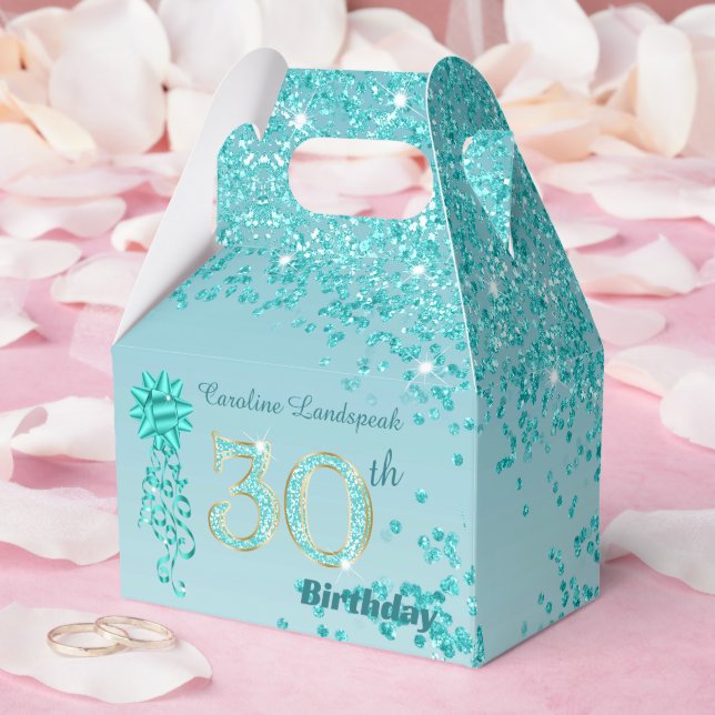 Teal Blue Glitter & Ribbon 30th Birthday Favor Box (Wedding)