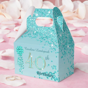 Teal Blue Glitter & Ribbon 40th Birthday Favor Box