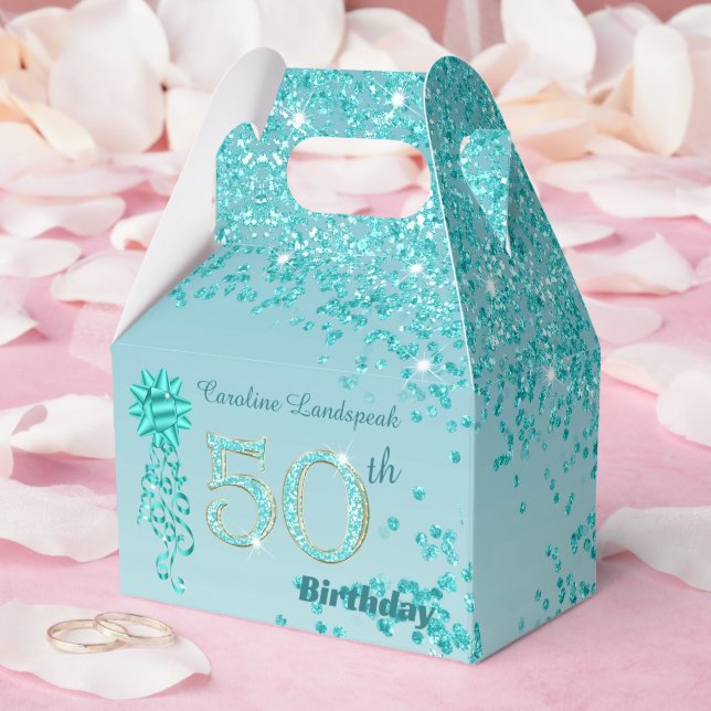 Teal Blue Glitter & Ribbon 50th Birthday Favor Box (Wedding)