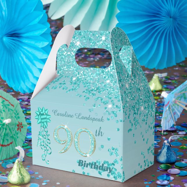 Teal Blue Glitter & Ribbon 90th Birthday Favor Box (Party)