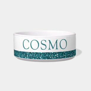 Teal Blue Glitter Sparkle Pet Name Bowl