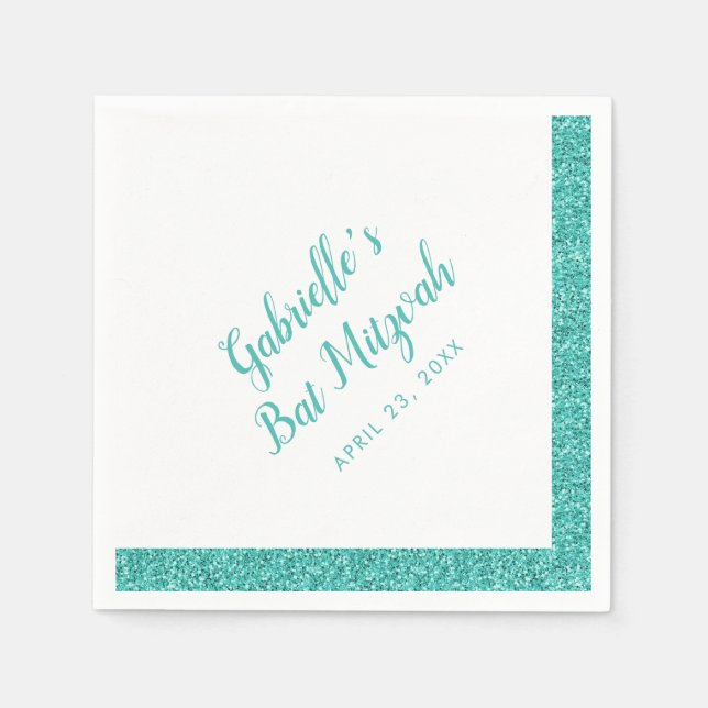 Teal Blue Glitter Stripe Personalized Bat Mitzvah Napkin (Front)
