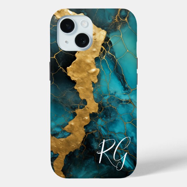 Teal Blue Gold Abstract Marble Monogram Case-Mate iPhone Case (Back)