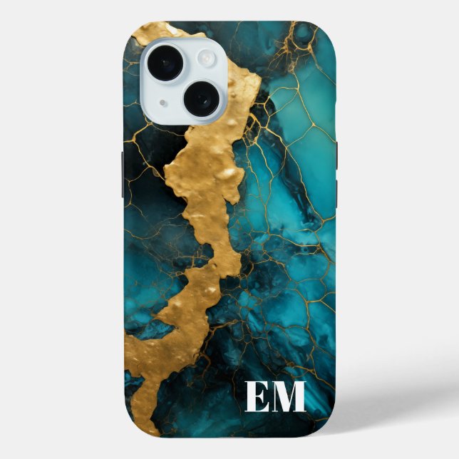 Teal Blue Gold Abstract Marble Monogram Case-Mate iPhone Case (Back)