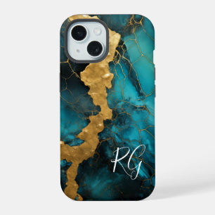 Teal Blue Gold Abstract Marble Monogram iPhone 15 Case