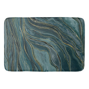 Teal Blue Gold Abstract Watercolor Waves Bath Mat