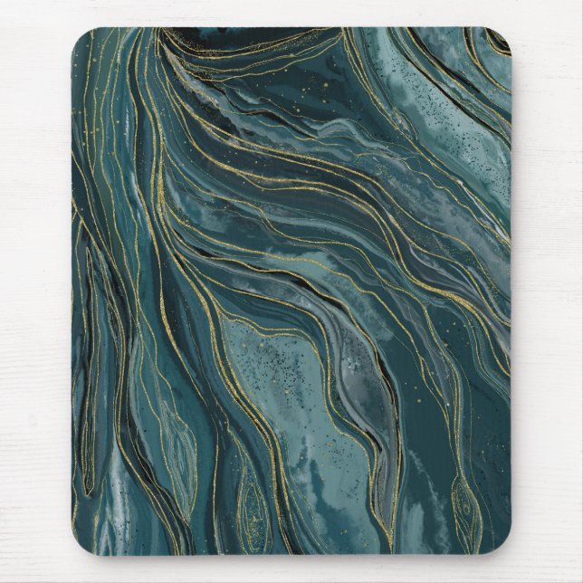 Teal Blue Gold Abstract Watercolor Waves Mouse Pad (Front)