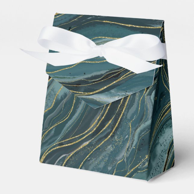 Teal Blue Gold Abstract Watercolor Wedding Favor Box (Front Side)