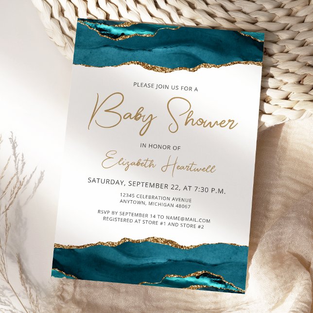 Teal Blue Gold Agate Baby Shower Invitation (Creator Uploaded)
