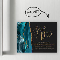 Teal Blue Gold Agate Dark Magnetic Save the Date