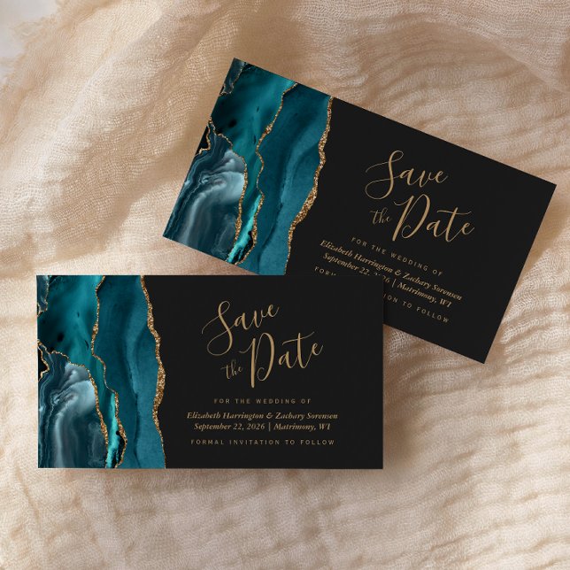 Teal Blue Gold Agate Dark Magnetic Save the Date (Creator Uploaded)