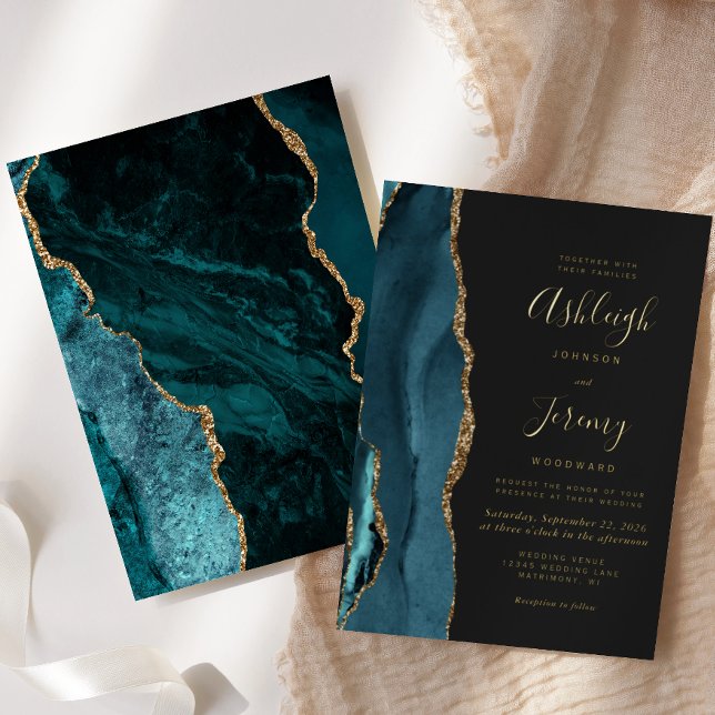 Teal Blue Gold Agate Dark Modern Wedding (Creator Uploaded)