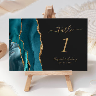 Teal Blue Gold Agate Dark Wedding Table Number
