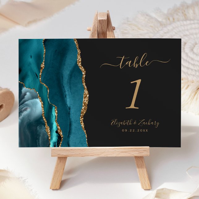 Teal Blue Gold Agate Dark Wedding Table Number (Creator Uploaded)