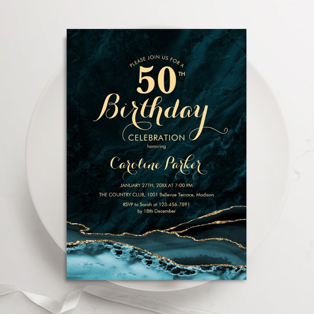 Teal Blue Gold Agate Marble 50th Birthday Invitation (Creator Uploaded)