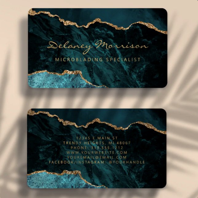 Teal Blue Gold Agate Microblading Rounded Business Card (Creator Uploaded)