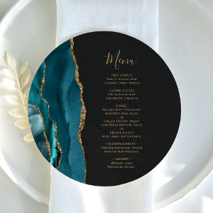 Teal Blue Gold Agate Round Plate Wedding Menu