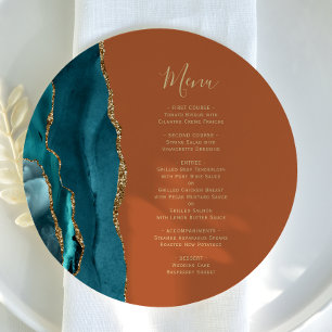 Teal Blue Gold Agate Rust Round Plate Wedding Menu