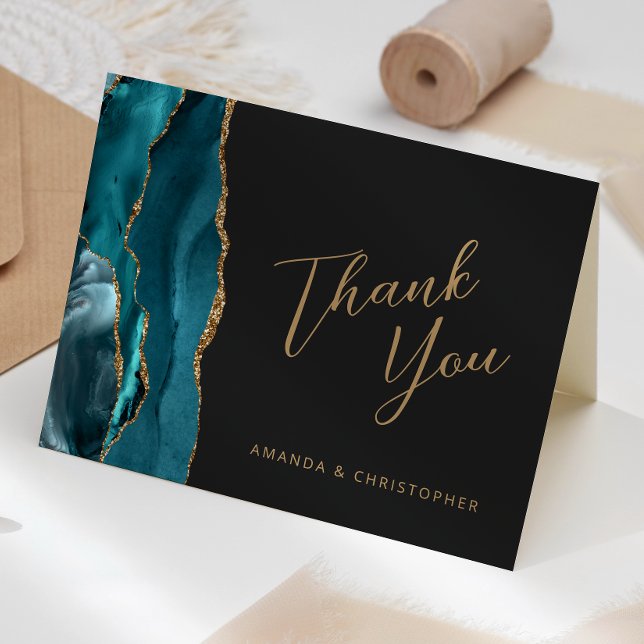 Teal Blue Gold Agate Script Dark Wedding Thank You Card (Creator Uploaded)