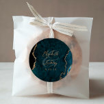 Teal Blue Gold Agate Script Wedding Classic Round Sticker<br><div class="desc">This elegant modern wedding sticker features a teal blue watercolor agate geode design trimmed with faux gold glitter. Easily customize the gold-coloured text,  with the names of the bride and groom in handwriting calligraphy over a large ampersand and the wedding date below.</div>
