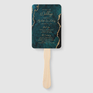 Teal Blue Gold Agate Script Wedding Program Hand Fan