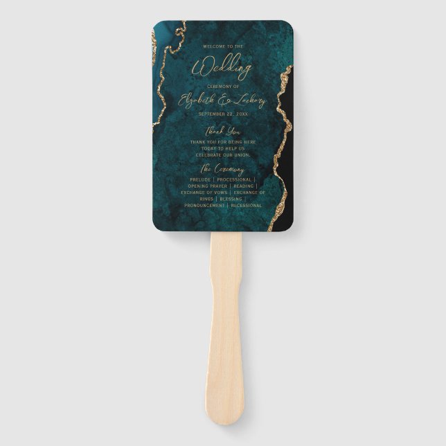 Teal Blue Gold Agate Script Wedding Program Hand Fan (Front)