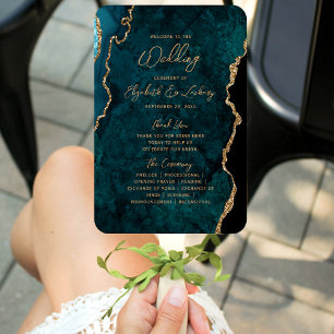 Teal Blue Gold Agate Script Wedding Program Hand Fan