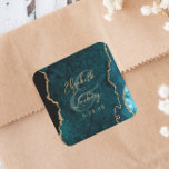 Teal Blue Gold Agate Script Wedding Square Sticker<br><div class="desc">This elegant modern wedding sticker features a teal blue watercolor agate geode design trimmed with faux gold glitter. Easily customize the gold-coloured text,  with the names of the bride and groom in handwriting calligraphy over a large ampersand and the wedding date below.</div>