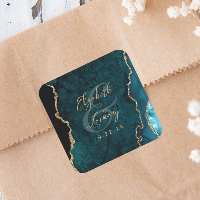 Teal Blue Gold Agate Script Wedding Square Sticker (Creator Uploaded)