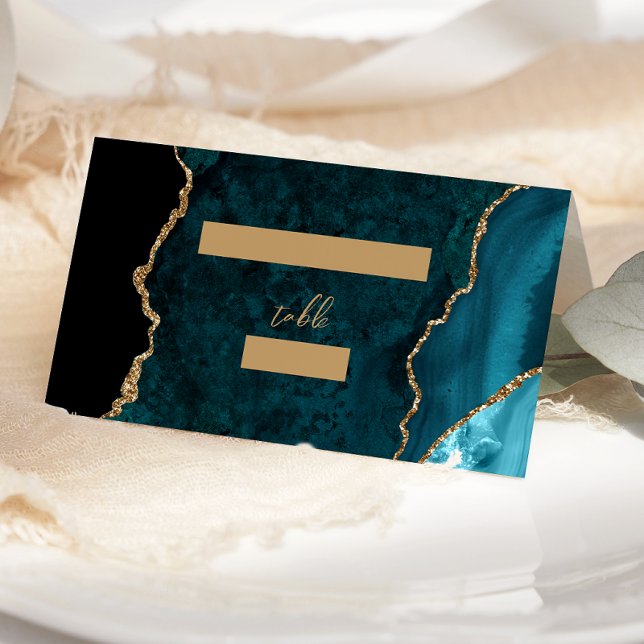 Teal Blue Gold Agate Script Wedding Table Place Card (Creator Uploaded)