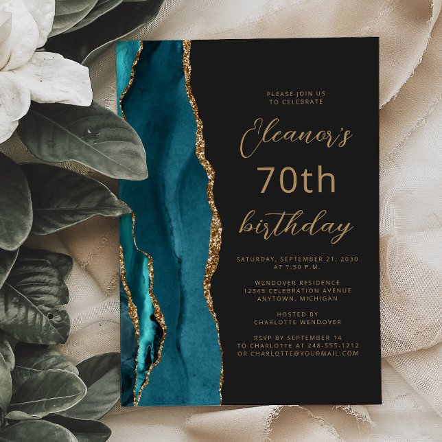 Teal Blue Gold Agate Slate Script 70th Birthday Invitation (Creator Uploaded)