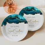 Teal Blue Gold Agate Sweet 16 Birthday Party Paper Plate<br><div class="desc">These chic Sweet Sixteen 16th birthday party paper plates feature a watercolor image of teal blue agate geode with faux gold glitter highlights. The words "Sweet Sixteen" appear in faux gold glitter in a decorative modern handwriting font. Customize it with the name of the honoree and the date in charcoal...</div>