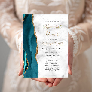 Teal Blue Gold Agate Wedding Rehearsal Dinner Invitation