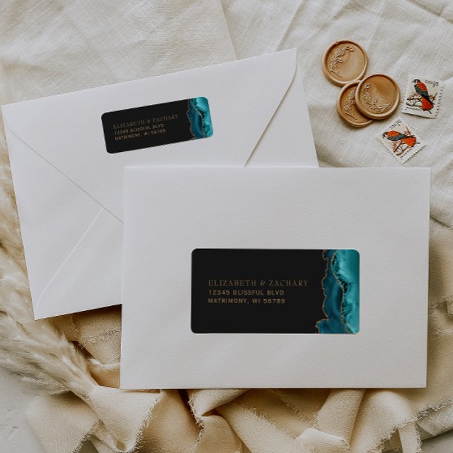 Teal Blue Gold Agate Wedding Return Address (Creator Uploaded)