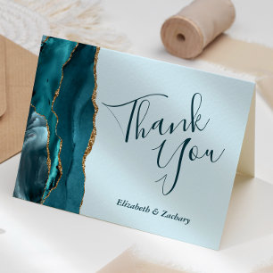 Teal Blue Gold Agate Wedding Thank You Card