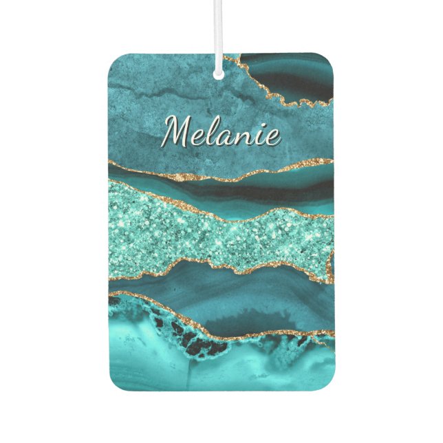 Teal Blue Gold Air Freshener with Custom Text (Front)